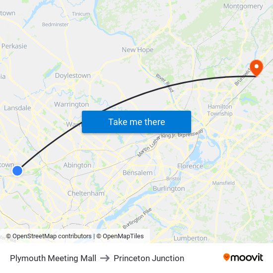 Plymouth Meeting Mall to Princeton Junction map