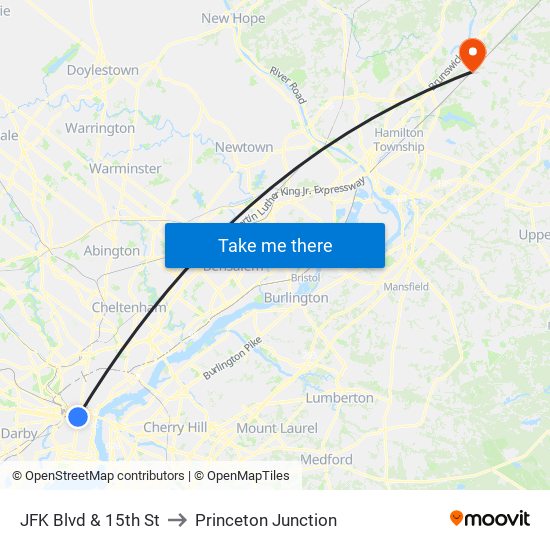 JFK Blvd & 15th St to Princeton Junction map