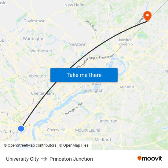 University City to Princeton Junction map