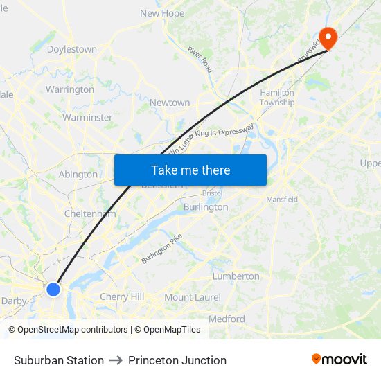 Suburban Station to Princeton Junction map