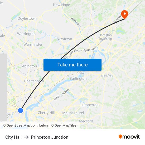 City Hall to Princeton Junction map