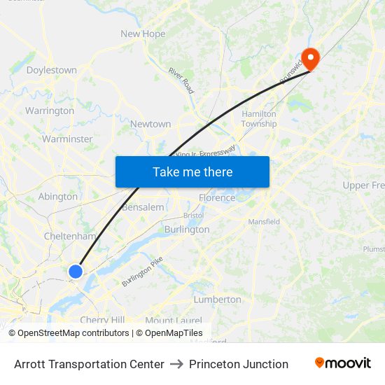 Arrott Transportation Center to Princeton Junction map