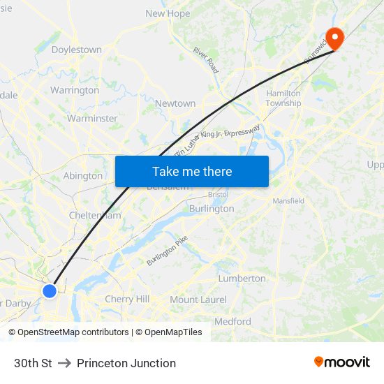 30th St to Princeton Junction map