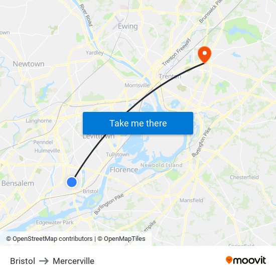 Bristol to Mercerville map