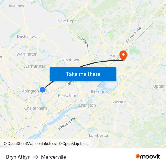 Bryn Athyn to Mercerville map