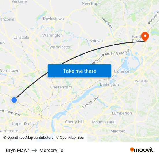 Bryn Mawr to Mercerville map