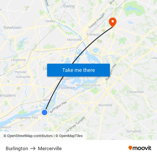 Burlington to Mercerville map