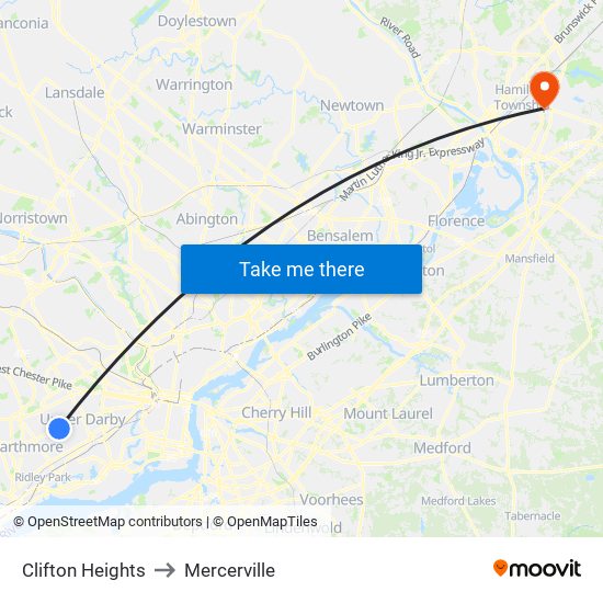 Clifton Heights to Mercerville map