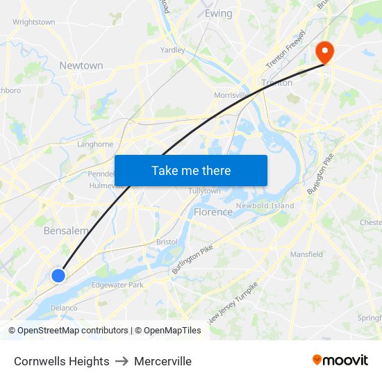 Cornwells Heights to Mercerville map