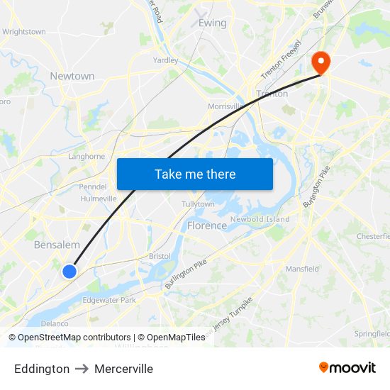 Eddington to Mercerville map