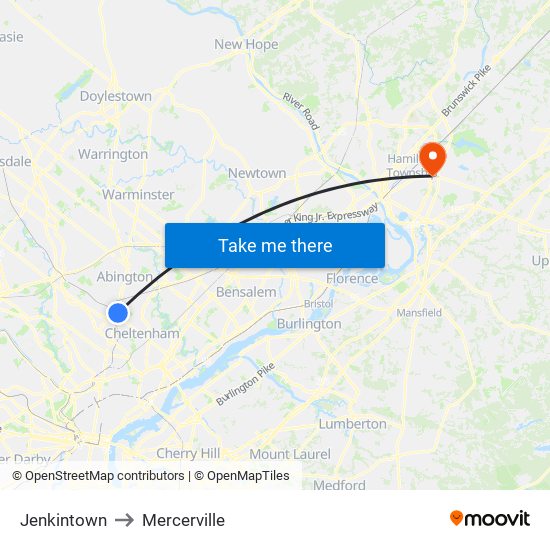 Jenkintown to Mercerville map