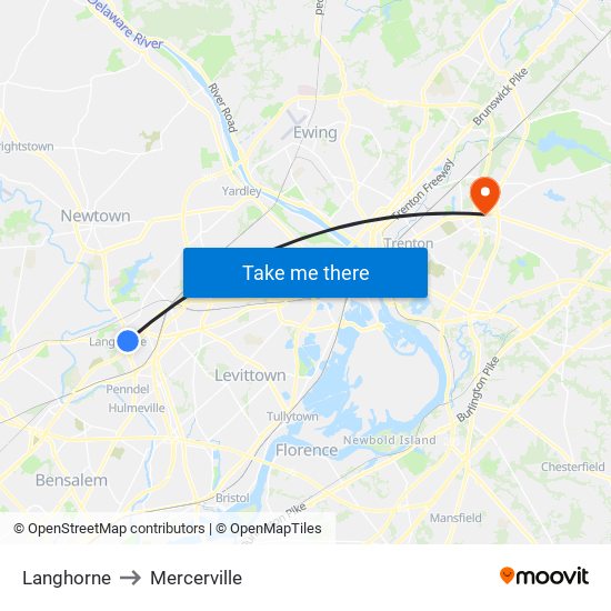 Langhorne to Mercerville map