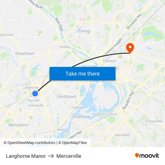 Langhorne Manor to Mercerville map