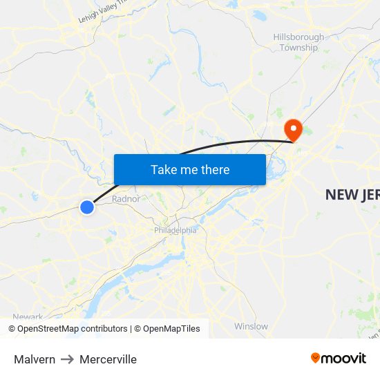 Malvern to Mercerville map