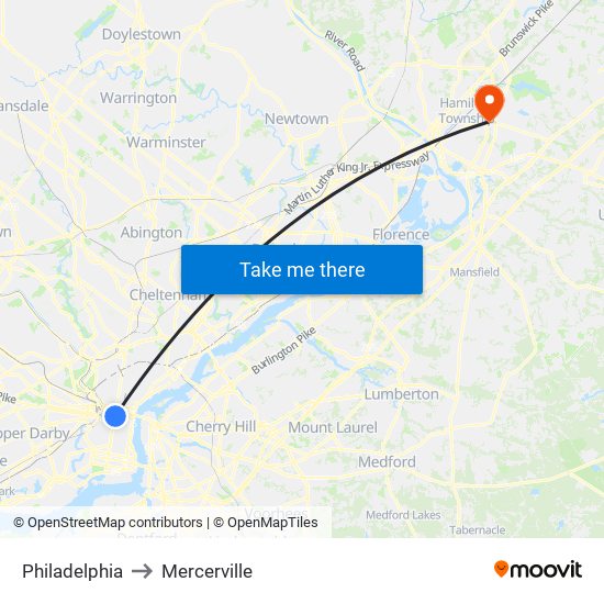 Philadelphia to Mercerville map