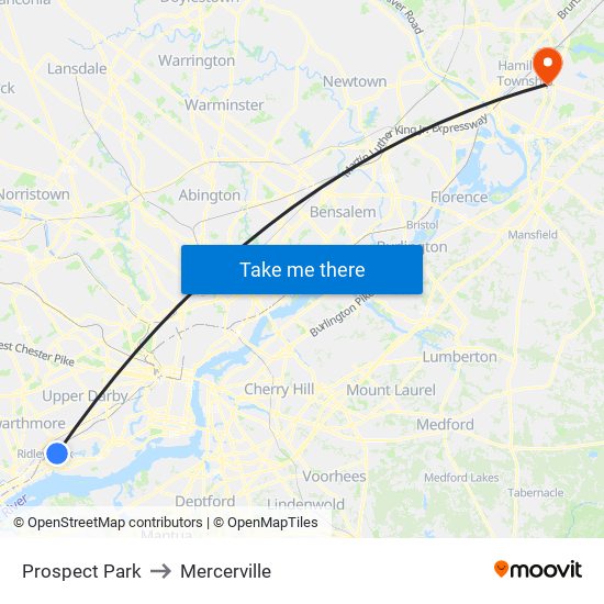 Prospect Park to Mercerville map