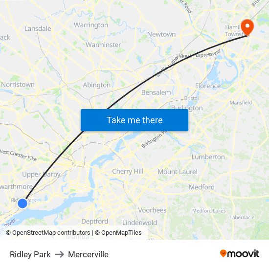 Ridley Park to Mercerville map