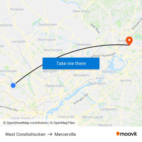 West Conshohocken to Mercerville map
