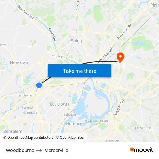 Woodbourne to Mercerville map