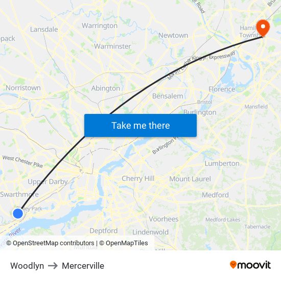 Woodlyn to Mercerville map