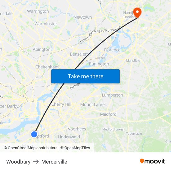 Woodbury to Mercerville map
