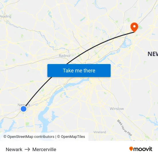 Newark to Mercerville map