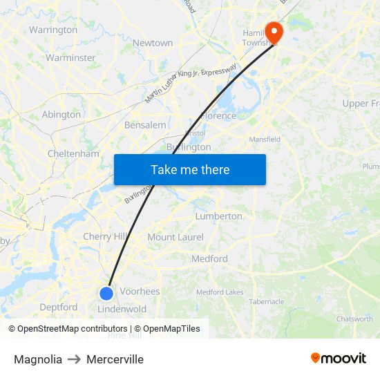 Magnolia to Mercerville map