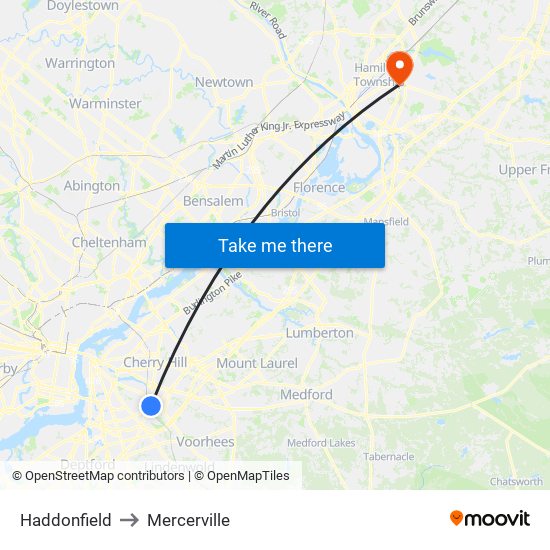 Haddonfield to Mercerville map