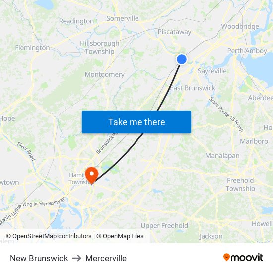 New Brunswick to Mercerville map