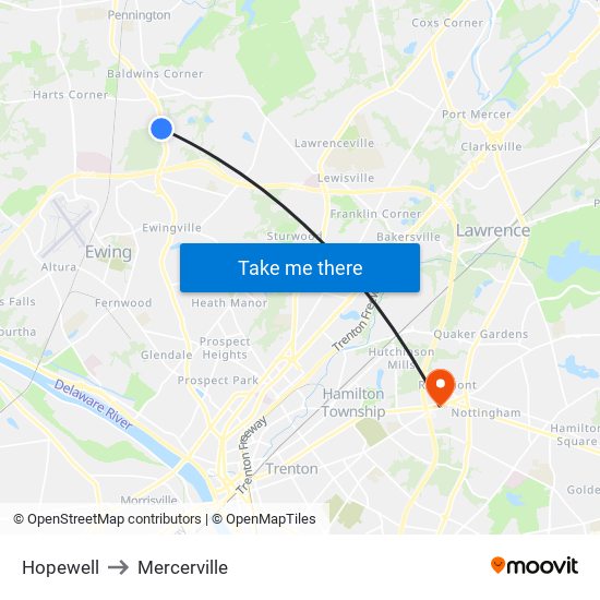 Hopewell to Mercerville map