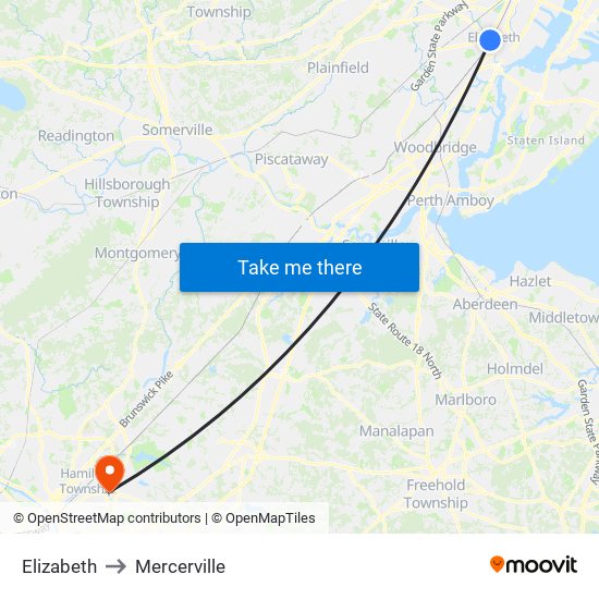 Elizabeth to Mercerville map
