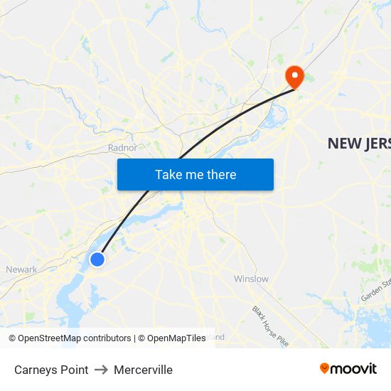 Carneys Point to Mercerville map
