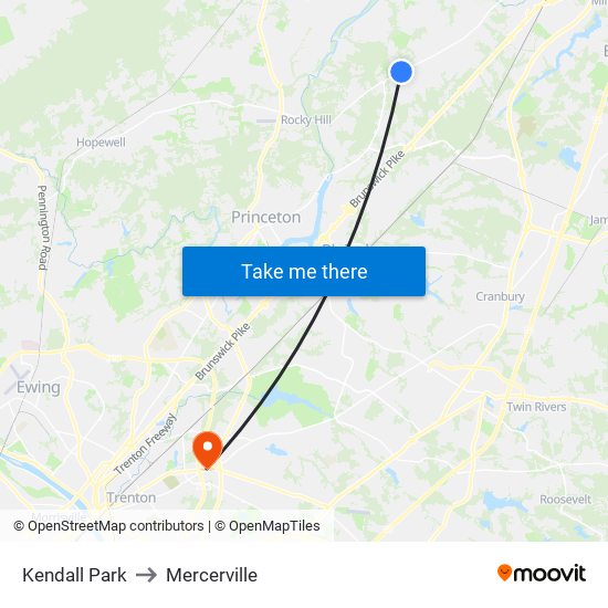 Kendall Park to Mercerville map