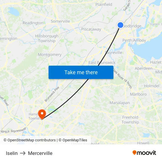 Iselin to Mercerville map