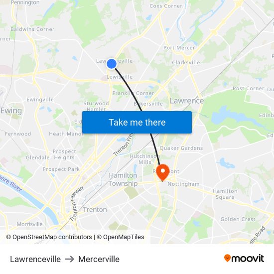 Lawrenceville to Mercerville map