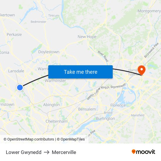 Lower Gwynedd to Mercerville map