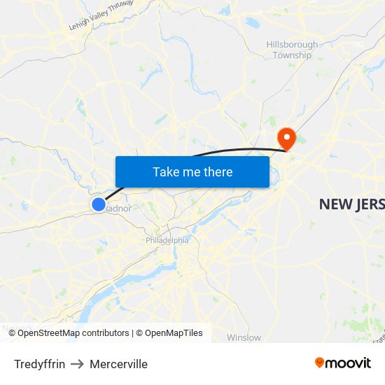 Tredyffrin to Mercerville map
