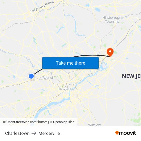 Charlestown to Mercerville map