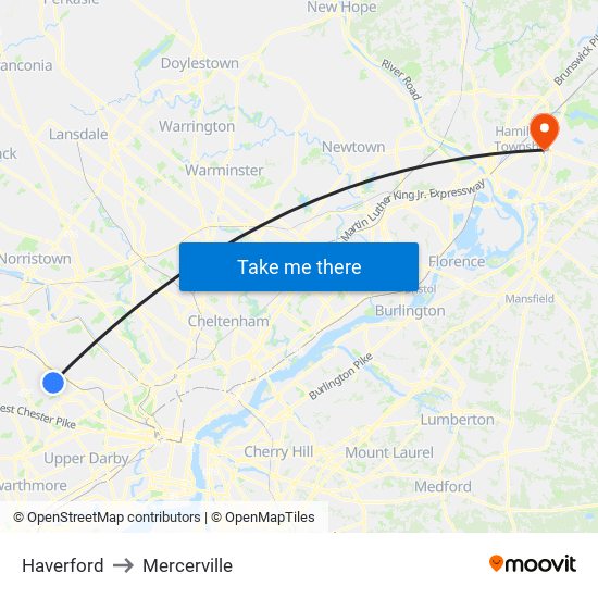 Haverford to Mercerville map