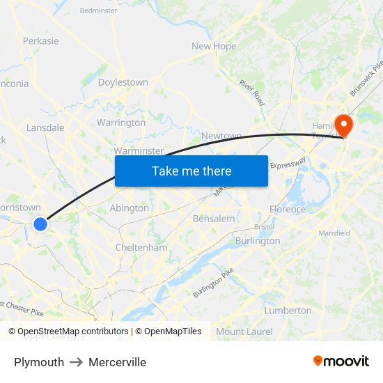 Plymouth to Mercerville map