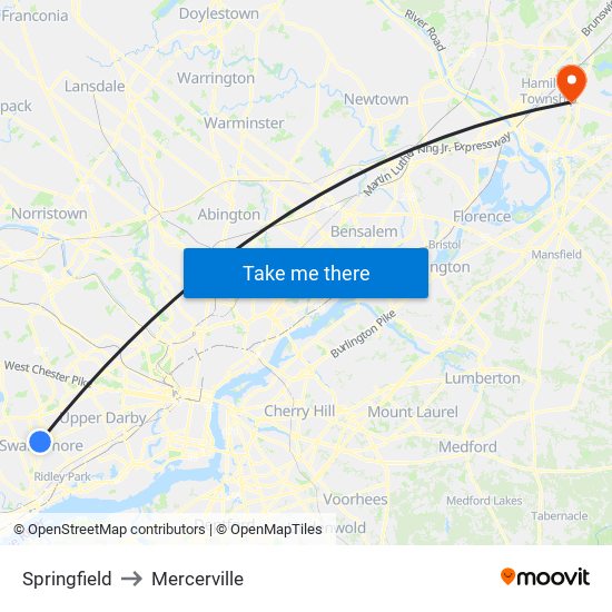 Springfield to Mercerville map