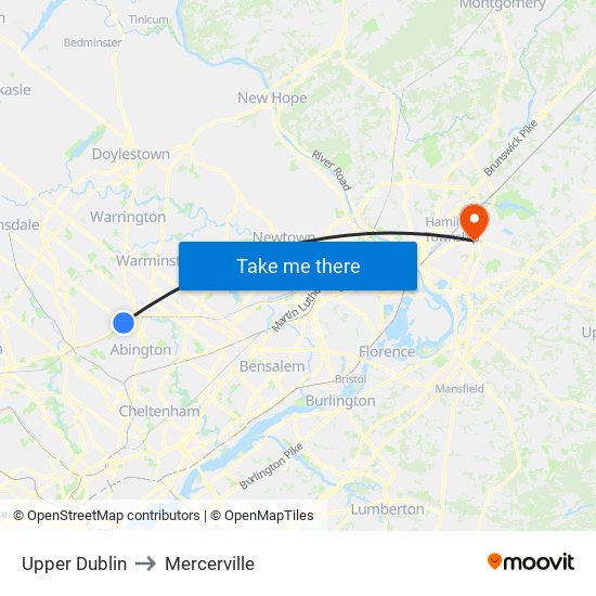 Upper Dublin to Mercerville map