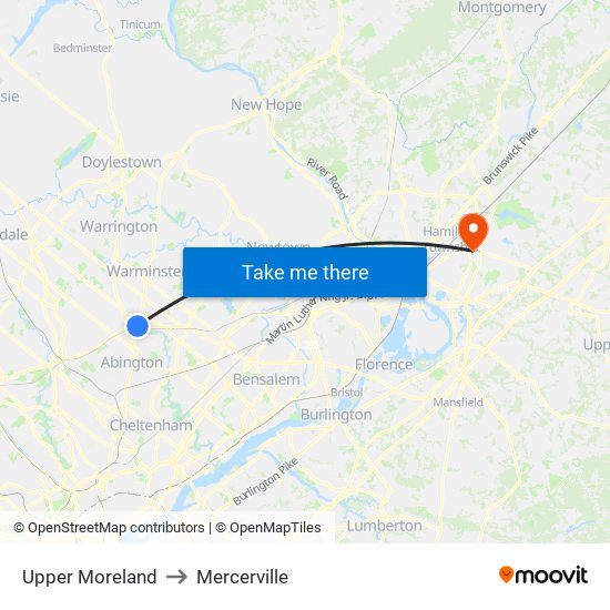 Upper Moreland to Mercerville map