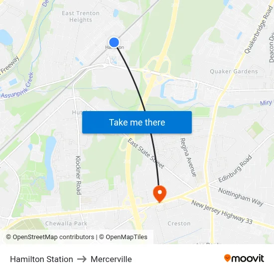 Hamilton Station to Mercerville map