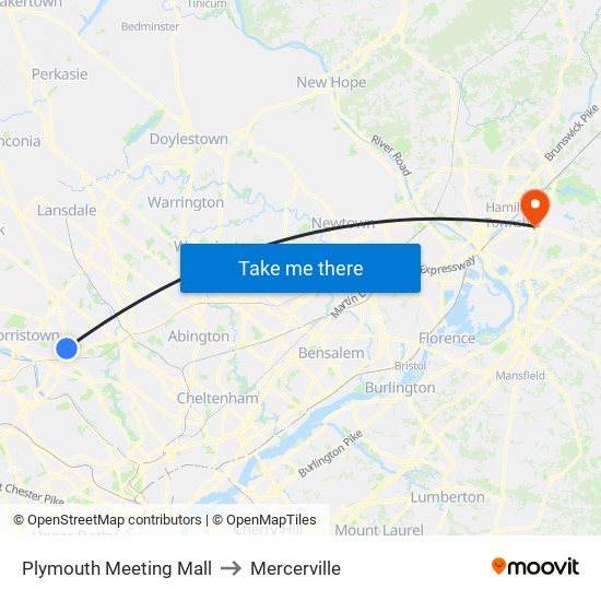 Plymouth Meeting Mall to Mercerville map