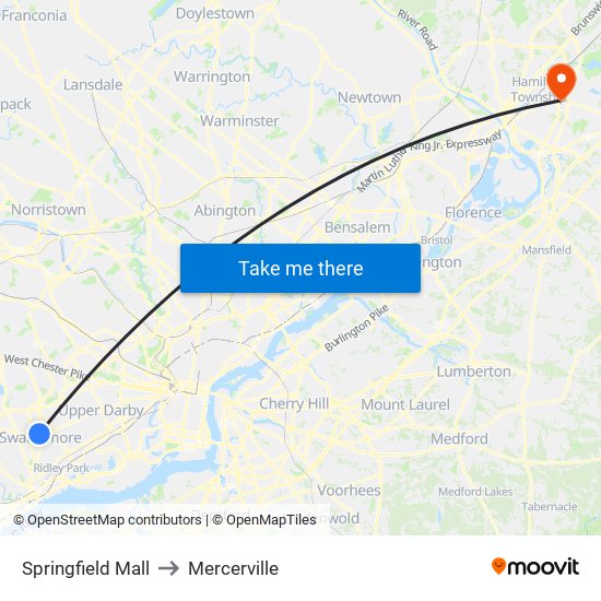Springfield Mall to Mercerville map