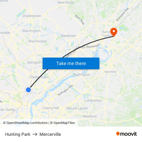 Hunting Park to Mercerville map