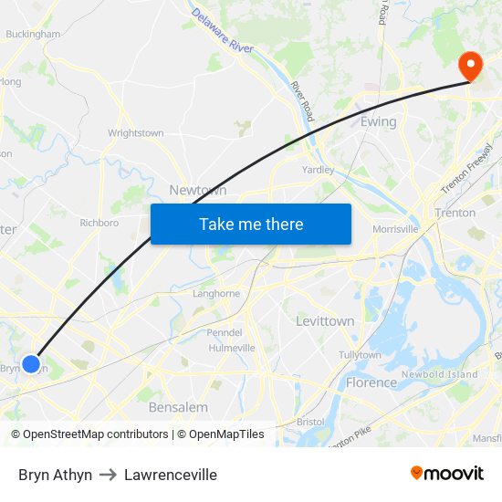 Bryn Athyn to Lawrenceville map