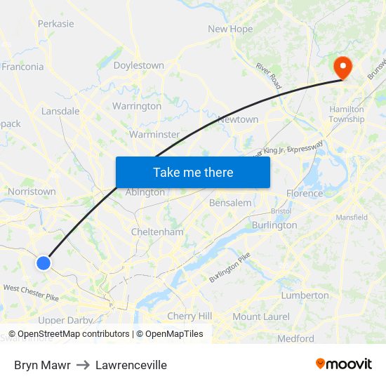 Bryn Mawr to Lawrenceville map