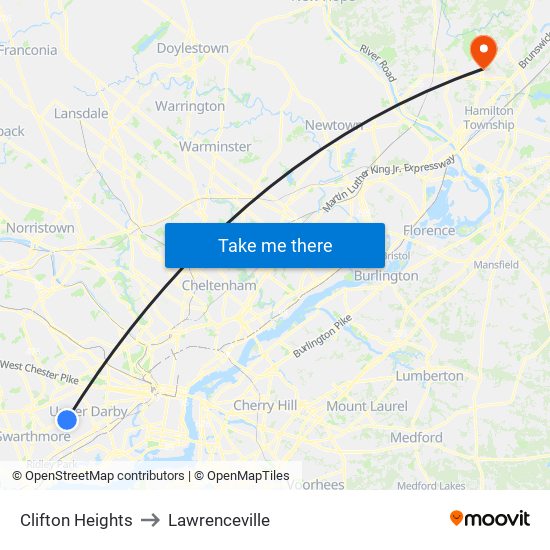 Clifton Heights to Lawrenceville map